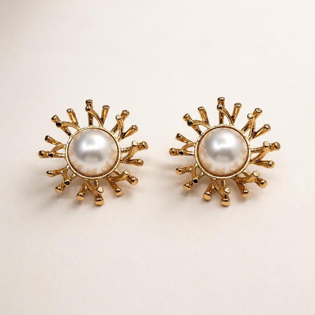 Gold Sunburst Pearl Statement Earrings