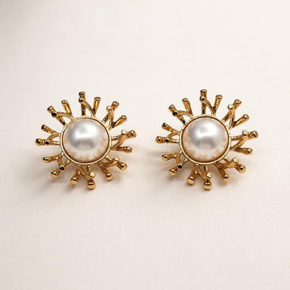 Gold Sunburst Pearl Statement Earrings