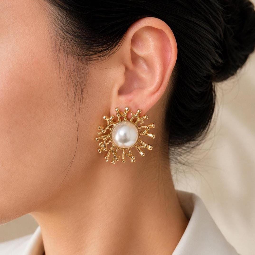 Gold Sunburst Pearl Statement Earrings