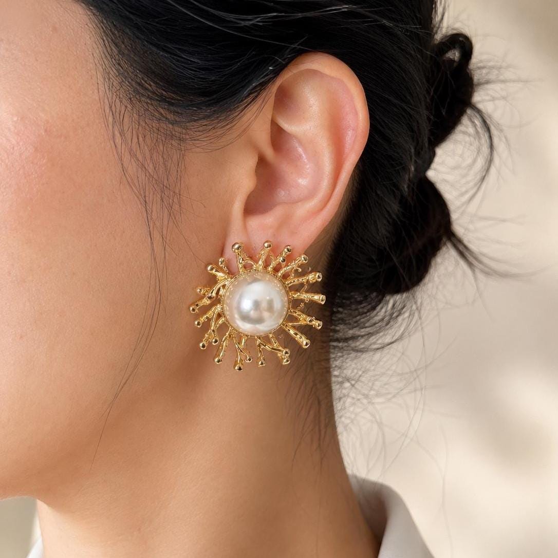 Gold Sunburst Pearl Statement Earrings
