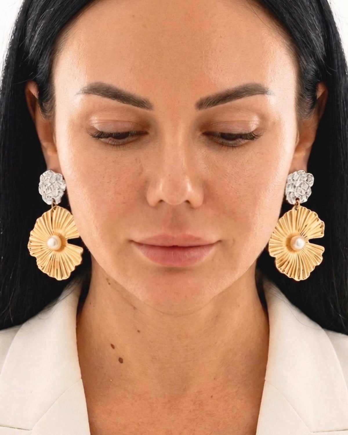 Gold Flower & Pearl Drop Earrings