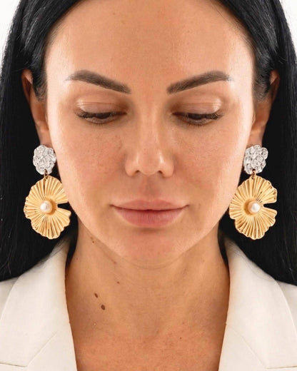 Gold Flower & Pearl Drop Earrings