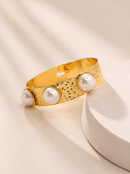 Hammered Gold Pearl Cuff Bracelet