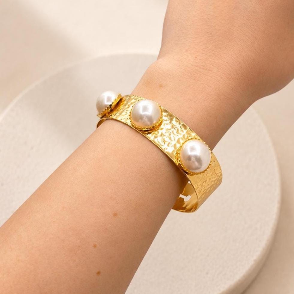 Hammered Gold Pearl Cuff Bracelet