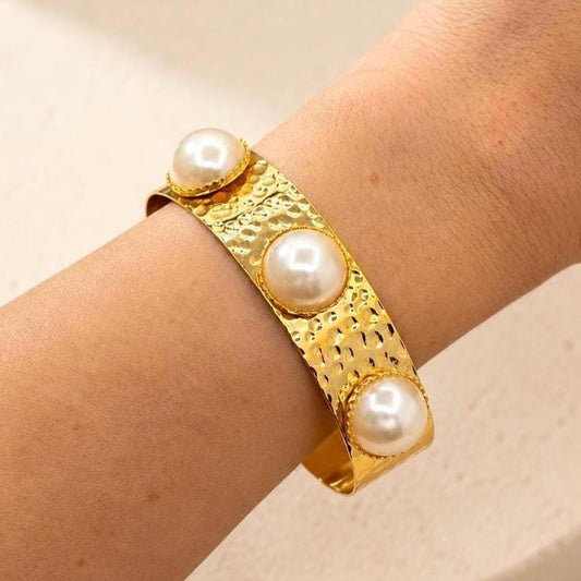 Hammered Gold Pearl Cuff Bracelet