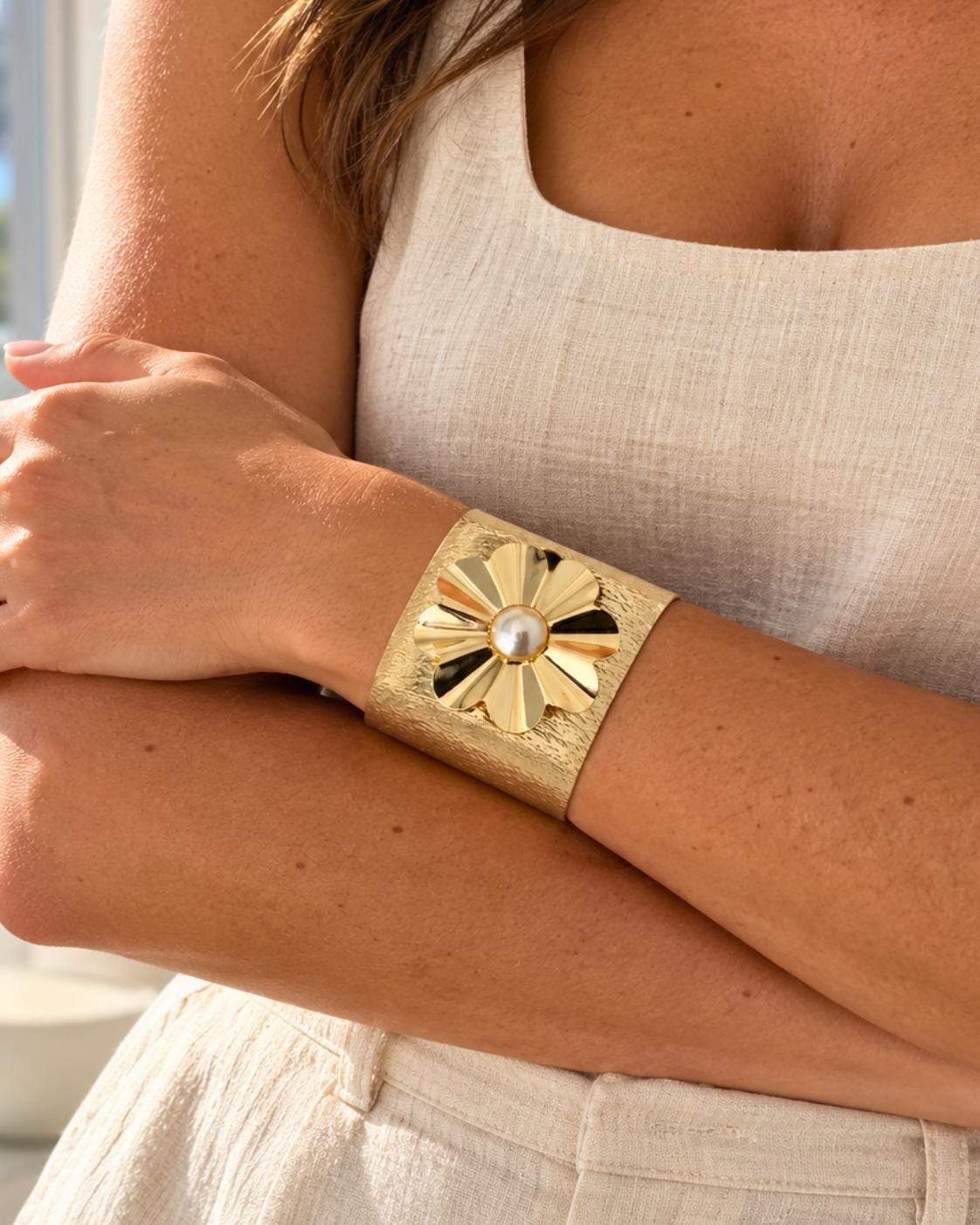 Gold Flower Pearl-Centre Cuff Bracelet