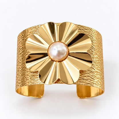 Gold Flower Pearl-Centre Cuff Bracelet