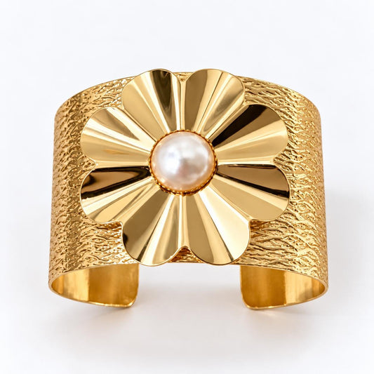 Gold Flower Pearl-Centre Cuff Bracelet