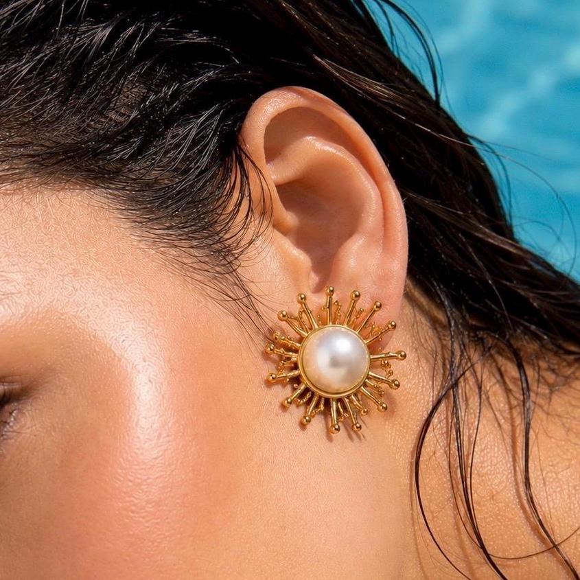 Gold Sunburst Pearl Statement Earrings