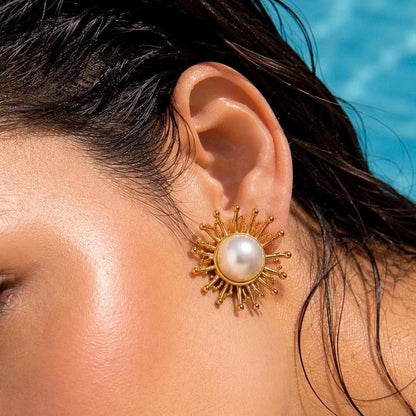 Gold Sunburst Pearl Statement Earrings