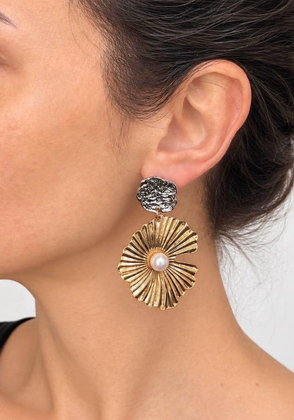 Gold Flower & Pearl Drop Earrings