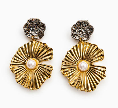 Gold Flower & Pearl Drop Earrings