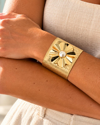 Gold Flower Pearl-Centre Cuff Bracelet