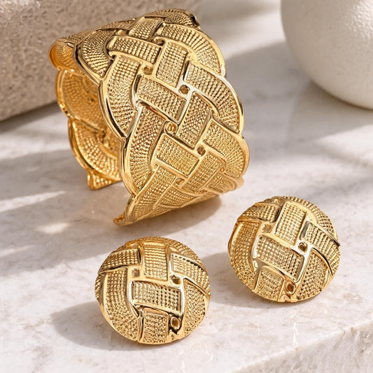 Gold Woven Cuff & Stud Earrings Set