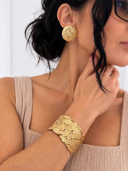 Gold Woven Cuff & Stud Earrings Set