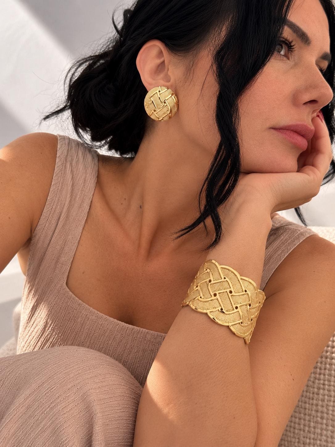 Gold Woven Cuff & Stud Earrings Set