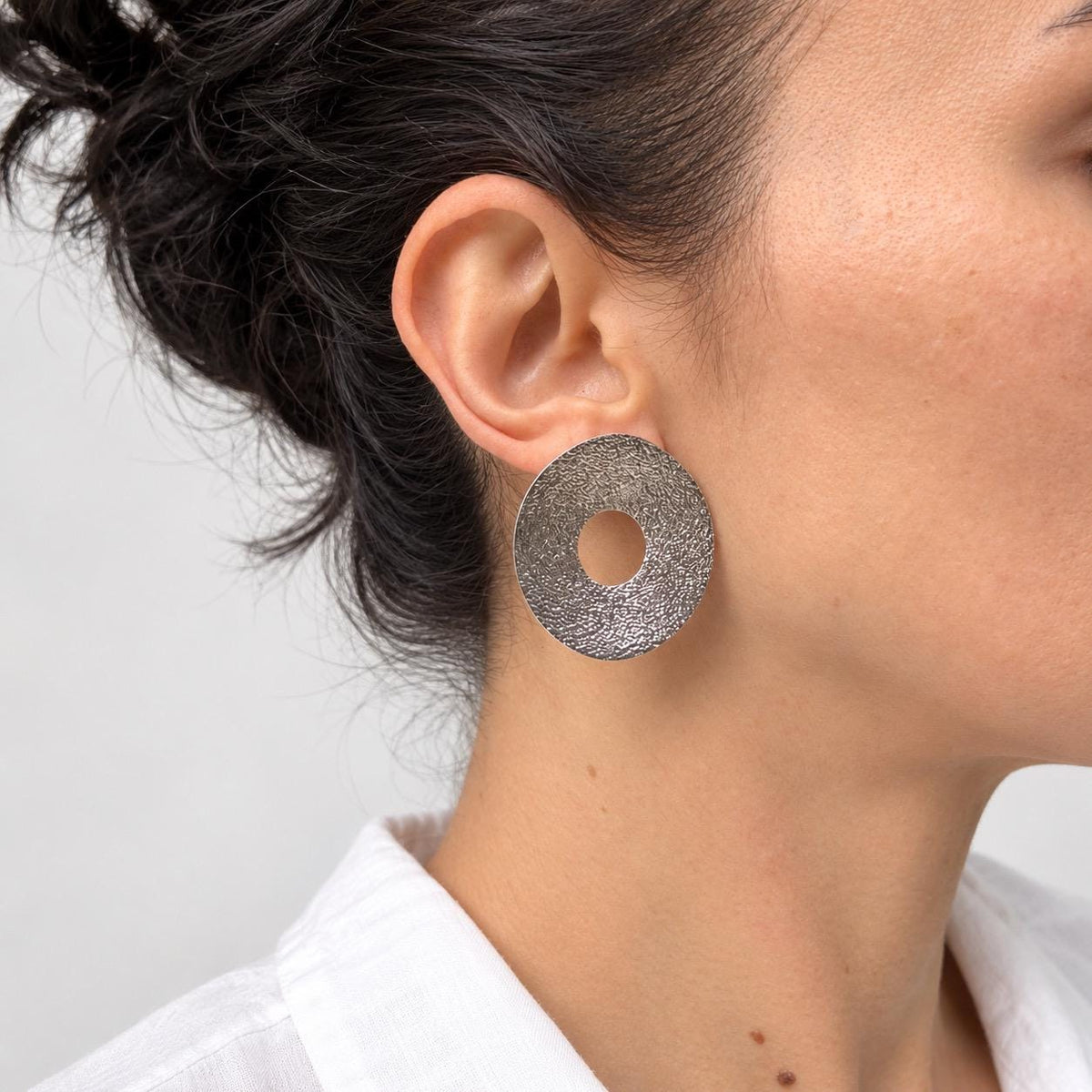 Silver Textured Oval Stud Earrings