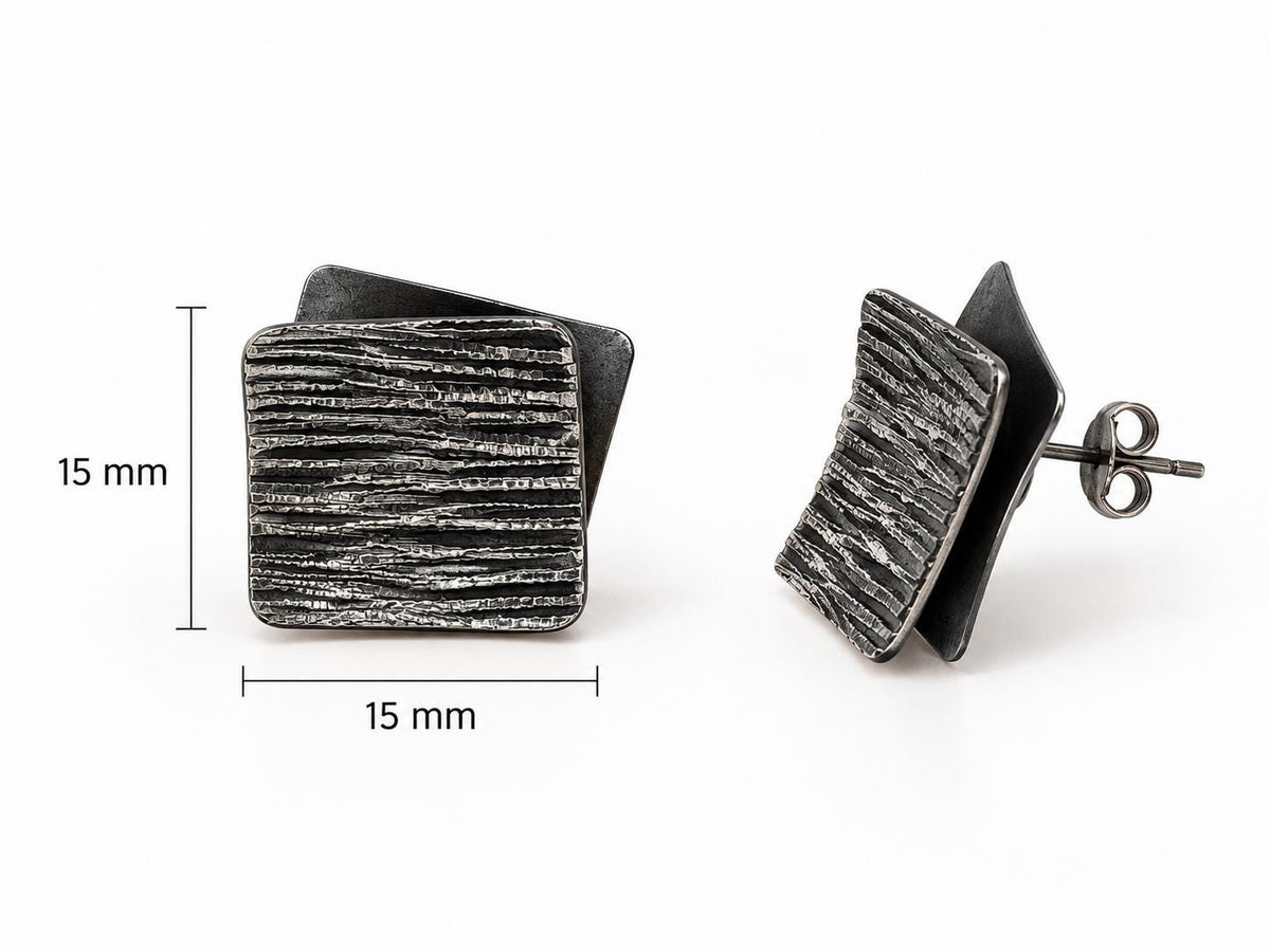 Oxidised Sterling Silver Square Studs – 15 mm
