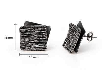 Oxidised Sterling Silver Square Studs – 15 mm