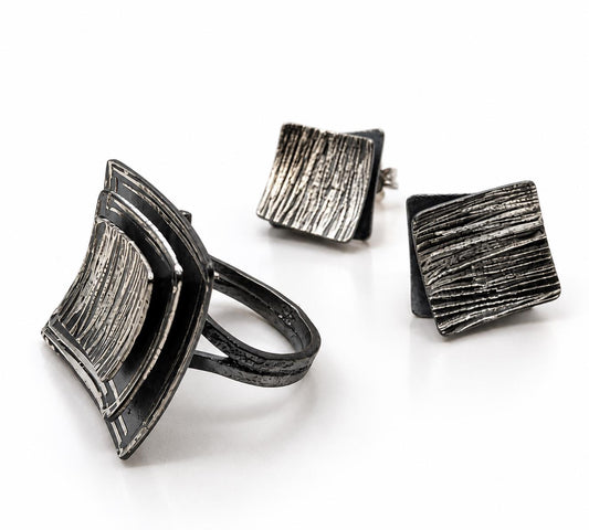 Oxidised Silver Geometric Ring & Earrings Set
