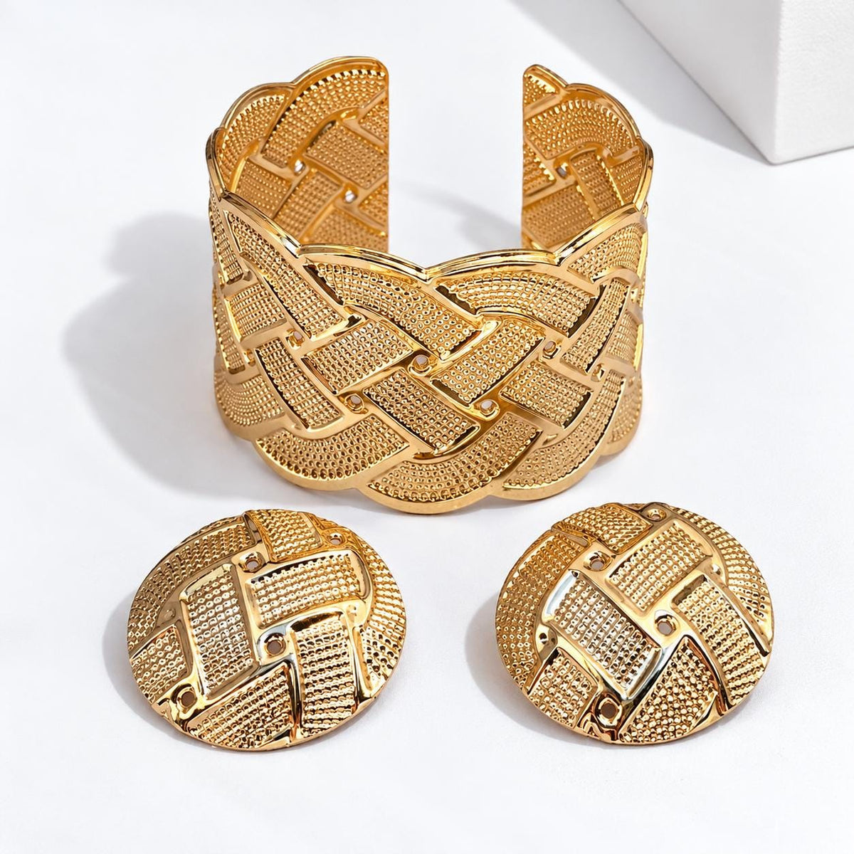 Gold Woven Cuff & Stud Earrings Set