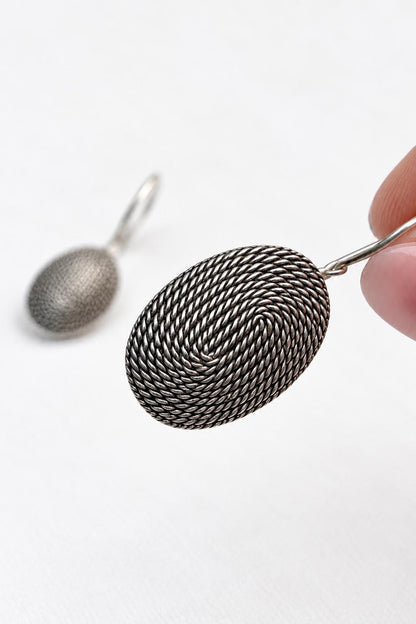 Oxidised Silver Braided Oval Drop Earrings