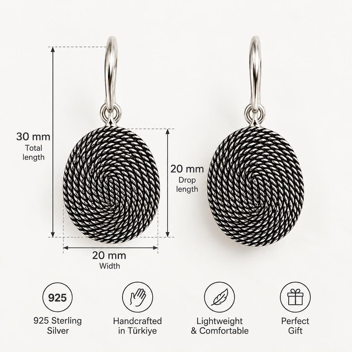 Oxidised Silver Braided Oval Drop Earrings