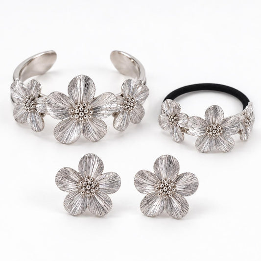 Silver Floral Jewellery & Hair Tie Set